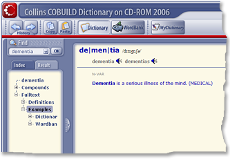 screenshot showing an example sentence for 'dementia'