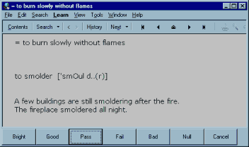 screenshot from SuperMemo showing the answer: 'to smolder'