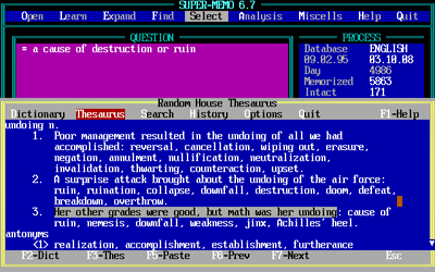 screenshot of SuperMemo (DOS version) with a Random House Dictionary window open