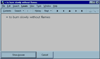 screenshot from SuperMemo showing the question: 'to burn slowly without flames'