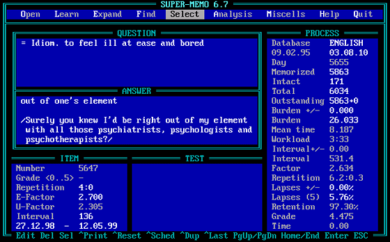 screenshot of SuperMemo 6.7 for DOS